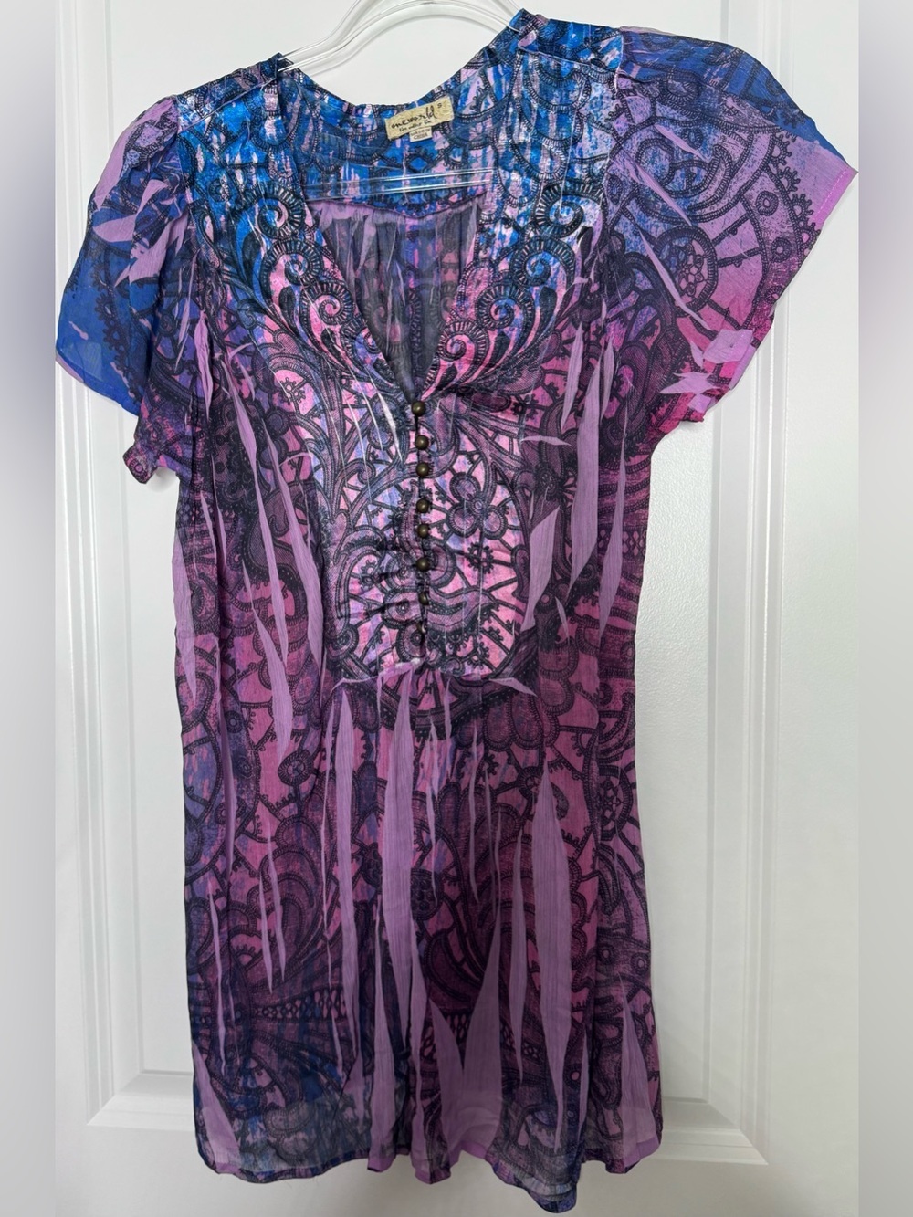 ONE WORLD Purple Pink paisley Ombre V-Neck Tunic flowy blouse sz Small